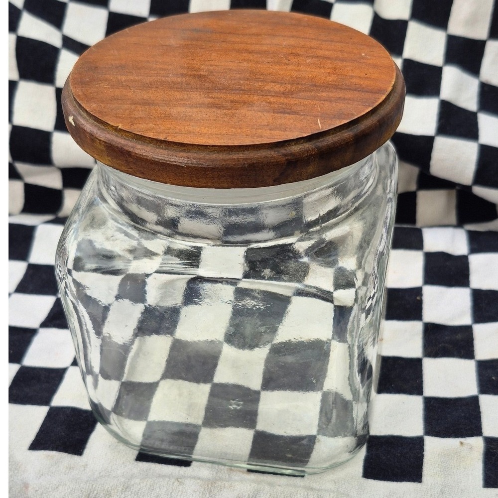 Square Clear Glass Kitchen Canister with Wood Lid Airtight Seal Storage Jar